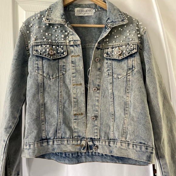 Heirloom Bridal Company BRIDE Pearl studded embroidered denim jacket Bach MED - Picture 4 of 4